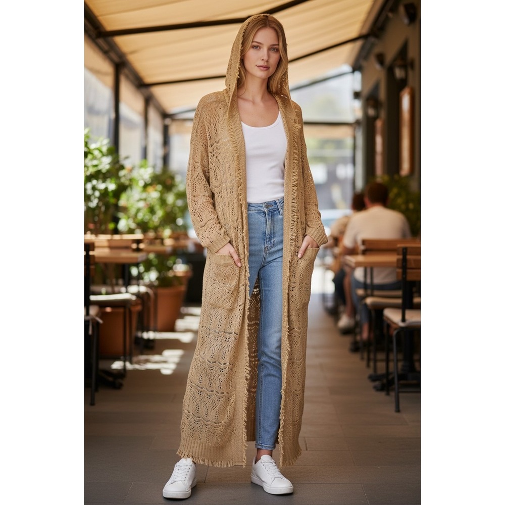 Venus Womens 1X Tan Pointelle Knit Hooded Duster Cardigan Fringe Trim Open Front